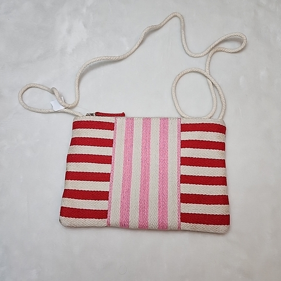GAP Women's Pink Red & Creme Striped Canvas Zip Strappy CrossBody Bag - Picture 3 of 7